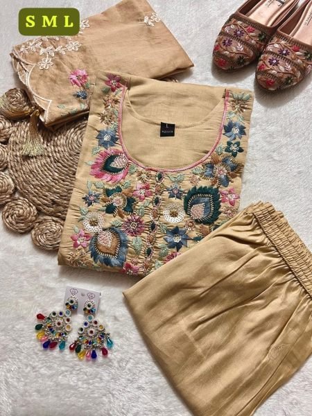 Fascinating Cream Roman Silk Pakistani Suit with Embroidery Dupatta for Women  Straight Cut Long Kurtis