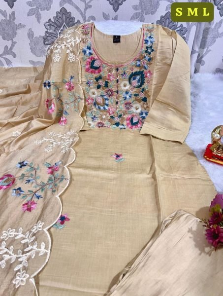 Fascinating Cream Roman Silk Pakistani Suit with Embroidery Dupatta for Women  Straight Cut Long Kurtis