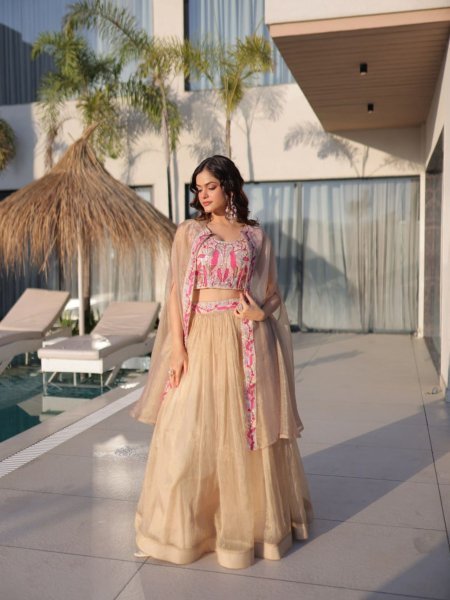Fascinating Cream Sindur Silk Lehenga Choli with Shrug for Party Wear at Wholesale Rate  Lehenga
