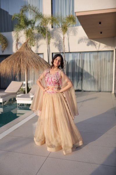 Fascinating Cream Sindur Silk Lehenga Choli with Shrug for Party Wear at Wholesale Rate Designer Lehenga Choli