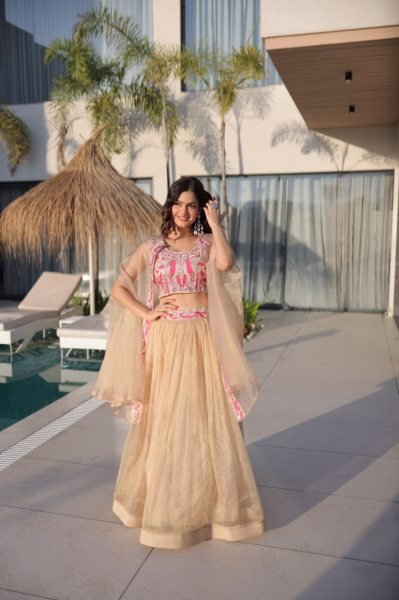Fascinating Cream Sindur Silk Lehenga Choli with Shrug for Party Wear at Wholesale Rate Designer Lehenga Choli