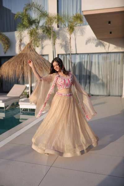Fascinating Cream Sindur Silk Lehenga Choli with Shrug for Party Wear at Wholesale Rate Designer Lehenga Choli