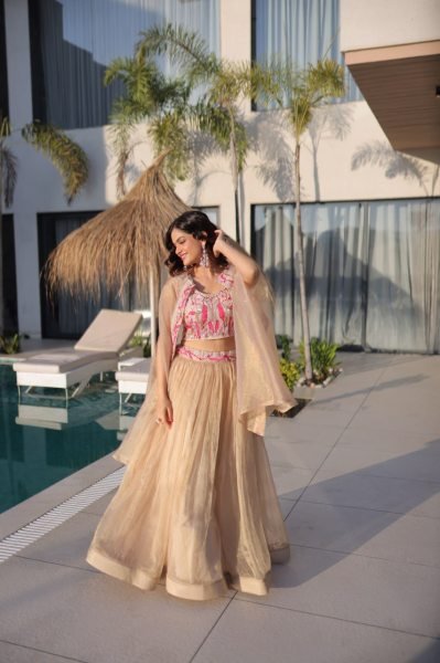Fascinating Cream Sindur Silk Lehenga Choli with Shrug for Party Wear at Wholesale Rate Designer Lehenga Choli