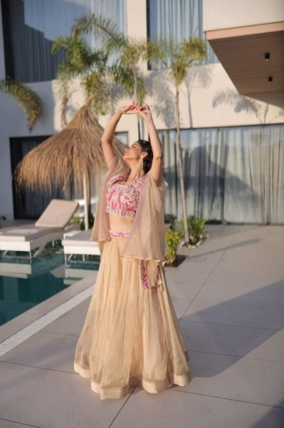 Fascinating Cream Sindur Silk Lehenga Choli with Shrug for Party Wear at Wholesale Rate Designer Lehenga Choli