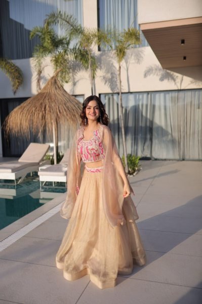 Fascinating Cream Sindur Silk Lehenga Choli with Shrug for Party Wear at Wholesale Rate Designer Lehenga Choli