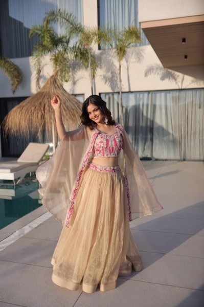 Fascinating Cream Sindur Silk Lehenga Choli with Shrug for Party Wear at Wholesale Rate Designer Lehenga Choli