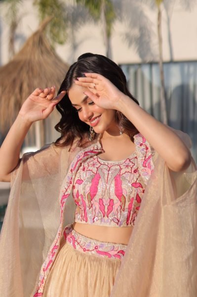 Fascinating Cream Sindur Silk Lehenga Choli with Shrug for Party Wear at Wholesale Rate Designer Lehenga Choli
