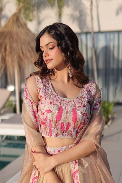 Fascinating Cream Sindur Silk Lehenga Choli with Shrug for Party Wear at Wholesale Rate Designer Lehenga Choli