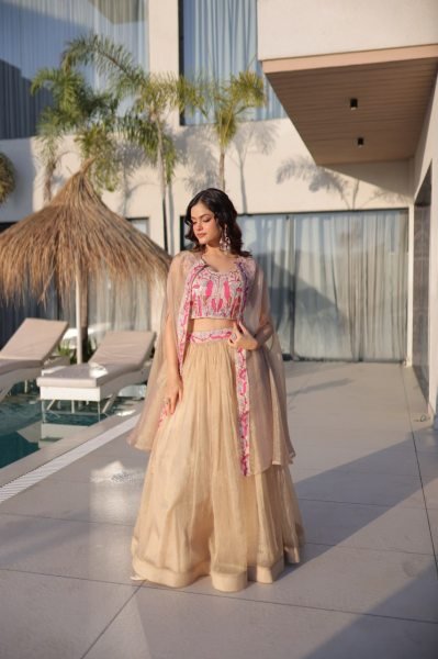 Fascinating Cream Sindur Silk Lehenga Choli with Shrug for Party Wear at Wholesale Rate Designer Lehenga Choli