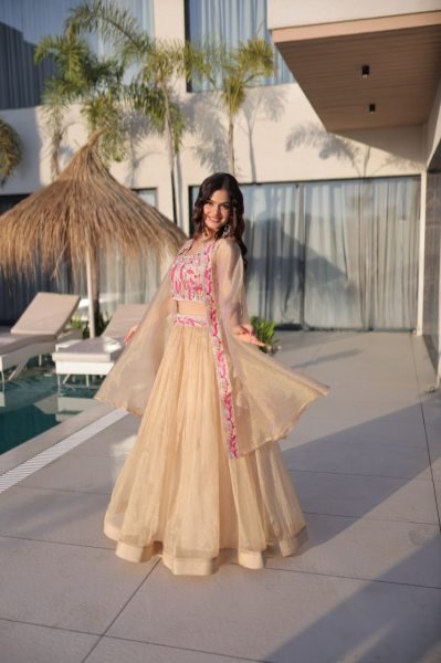Fascinating Cream Sindur Silk Lehenga Choli with Shrug for Party Wear at Wholesale Rate Designer Lehenga Choli