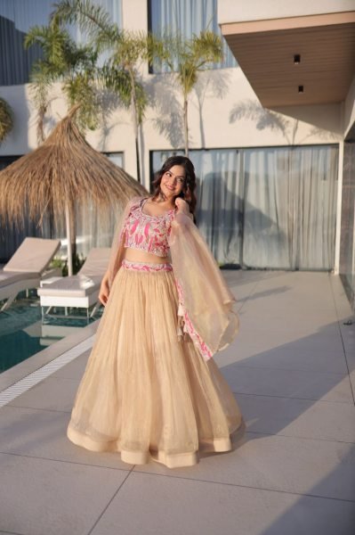 Fascinating Cream Sindur Silk Lehenga Choli with Shrug for Party Wear at Wholesale Rate Designer Lehenga Choli
