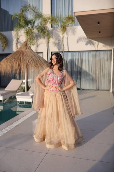 Fascinating Cream Sindur Silk Lehenga Choli with Shrug for Party Wear at Wholesale Rate Designer Lehenga Choli