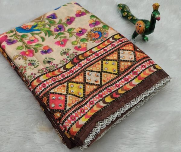 Fascinating Cream Soft Chinon Saree with Trendy Digital Print at Manufacturer Rate Printed Cotton Sarees Wholesale