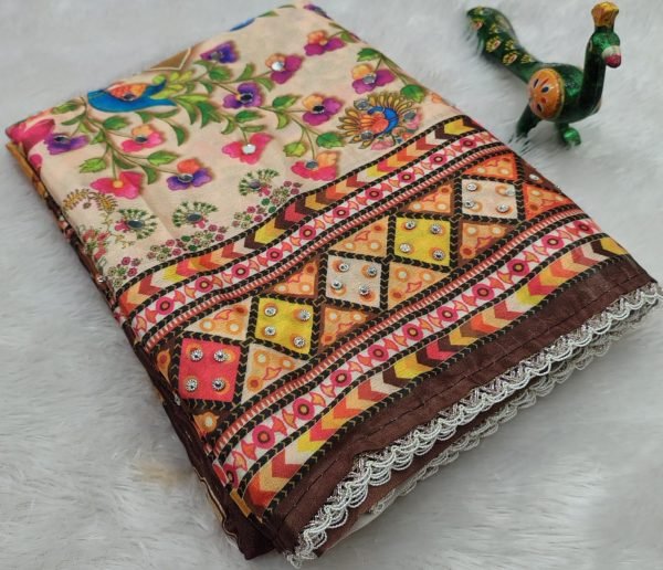 Fascinating Cream Soft Chinon Saree with Trendy Digital Print at Manufacturer Rate Printed Cotton Sarees Wholesale