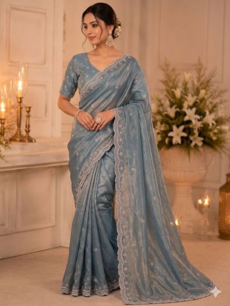 Fascinating Dusty Blue Fendy Satin Saree for Wedding Wear Sarees 