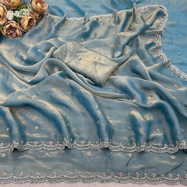 Fascinating Dusty Blue Fendy Satin Saree for Wedding Wear Bollywood Fancy Sarees Wholesale