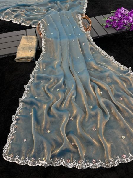 Fascinating Dusty Blue Fendy Satin Saree for Wedding Wear Bollywood Fancy Sarees Wholesale