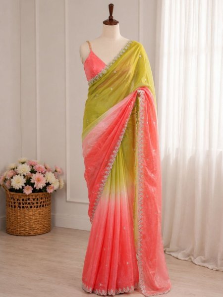 Fascinating Green Coral Pink Space Silk Saree with Elegant Sequins and Embroidered Border Sarees 