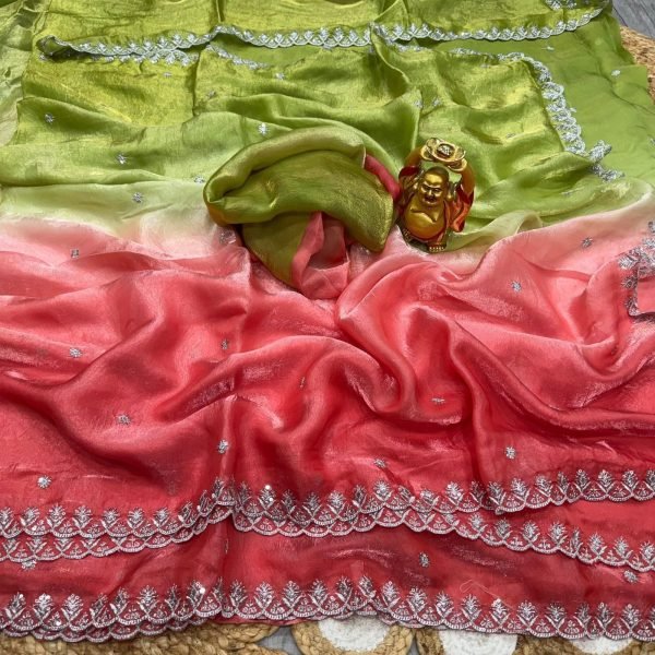 Fascinating Green Coral Pink Space Silk Saree with Elegant Sequins and Embroidered Border Silk Sarees Wholesale