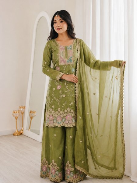 Fascinating Green Embroidered Fendy Silk Suit with Dupatta for Festive Wear 