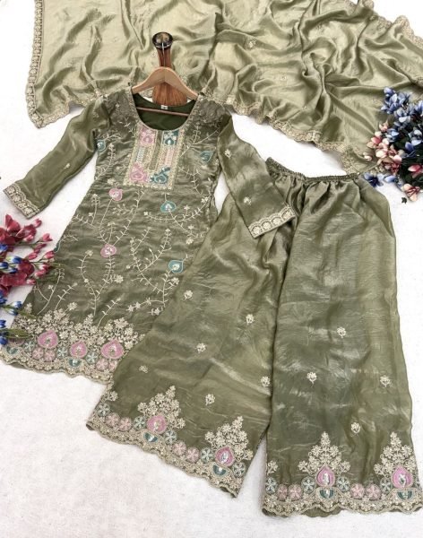 Fascinating Green Embroidered Fendy Silk Suit with Dupatta for Festive Wear Ready To Wear Collection