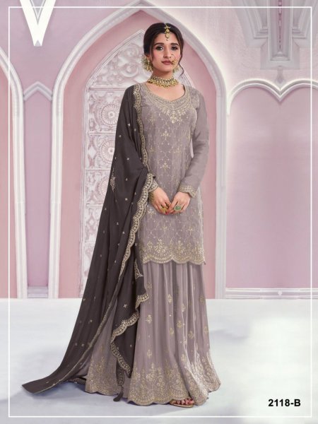 Fascinating Grey Chinon Palazzo Set with Sequins Work for Festive and Party Wear 