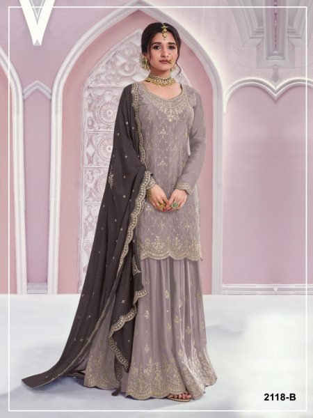 Fascinating Grey Chinon Palazzo Set with Sequins Work for Festive and Party Wear Designer Plazzo Salwar Suits Wholesale