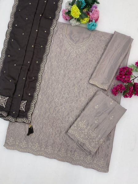 Fascinating Grey Chinon Palazzo Set with Sequins Work for Festive and Party Wear Designer Plazzo Salwar Suits Wholesale