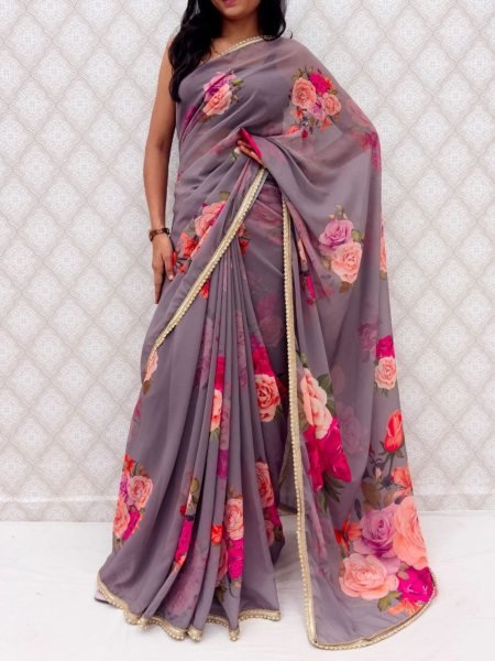Fascinating Grey Georgette Saree with Floral Design and Pearl Detailing Sarees 
