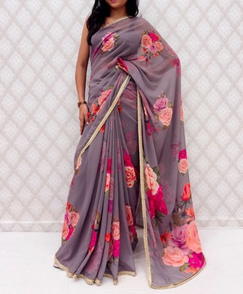 Fascinating Grey Georgette Saree with Floral Design and Pearl Detailing Printed Cotton Sarees Wholesale