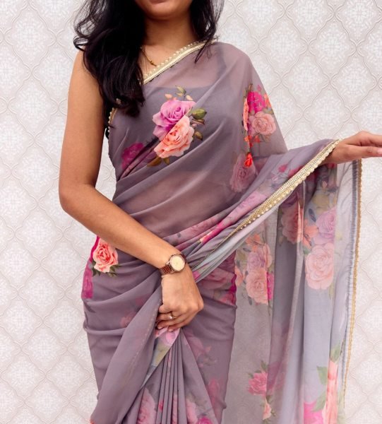 Fascinating Grey Georgette Saree with Floral Design and Pearl Detailing Printed Cotton Sarees Wholesale