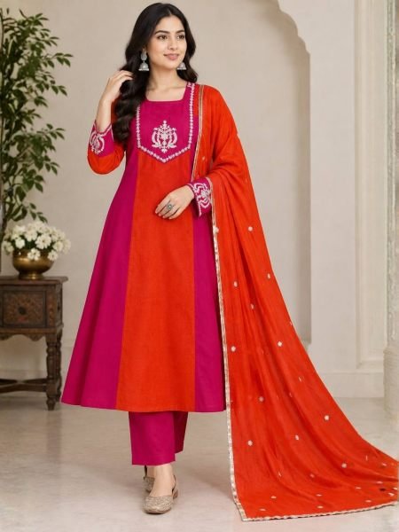 Fascinating Hot Pink Orange Heavy Embroidery Georgette Top Palazzo Set with Micro Inner 