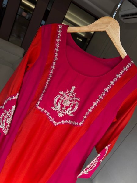 Fascinating Hot Pink Orange Heavy Embroidery Georgette Top Palazzo Set with Micro Inner Ready To Wear Collection