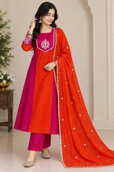 Fascinating Hot Pink Orange Heavy Embroidery Georgette Top Palazzo Set with Micro Inner Ready To Wear Collection