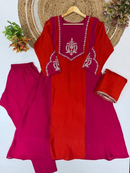Fascinating Hot Pink Orange Heavy Embroidery Georgette Top Palazzo Set with Micro Inner Ready To Wear Collection