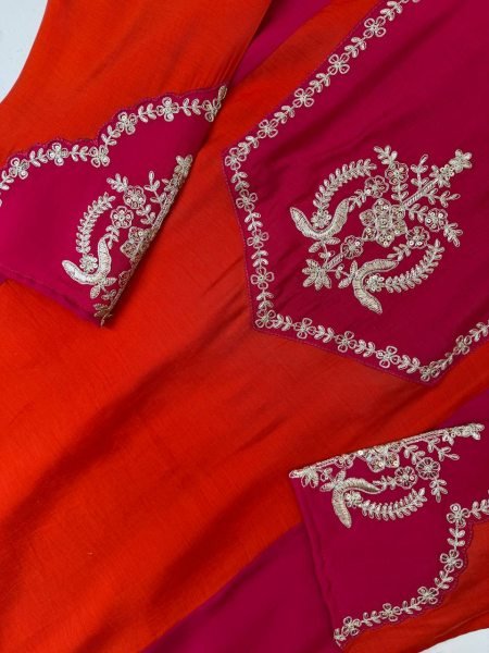 Fascinating Hot Pink Orange Heavy Embroidery Georgette Top Palazzo Set with Micro Inner Ready To Wear Collection