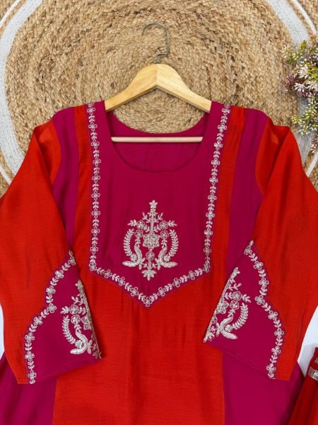 Fascinating Hot Pink Orange Heavy Embroidery Georgette Top Palazzo Set with Micro Inner Ready To Wear Collection