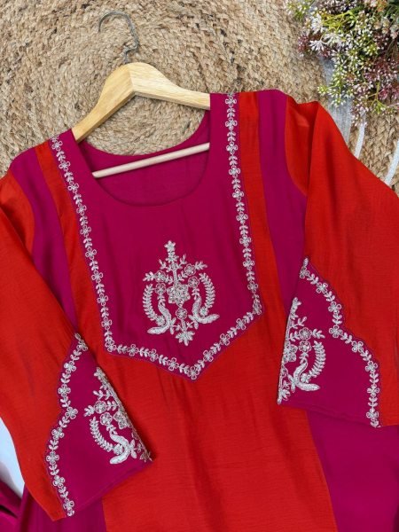 Fascinating Hot Pink Orange Heavy Embroidery Georgette Top Palazzo Set with Micro Inner Ready To Wear Collection