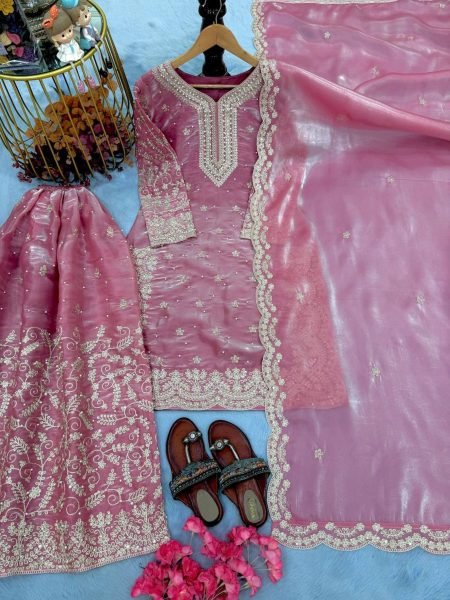 Fascinating Baby Pink Rimmy Choo Embroidery Coding and Dori Work Top Plazzo and Dupatta Set for Exporters