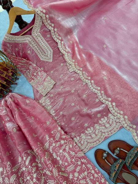 Fascinating Baby Pink Rimmy Choo Embroidery Coding and Dori Work Top Plazzo and Dupatta Set for Exporters Ready To Wear Collection