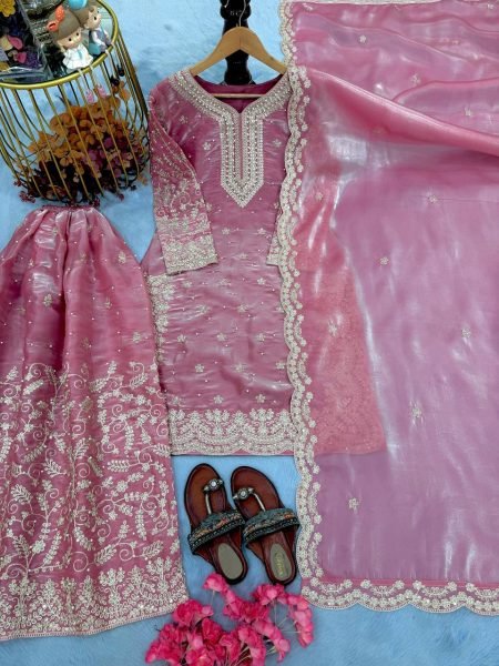 Fascinating Baby Pink Rimmy Choo Embroidery Coding and Dori Work Top Plazzo and Dupatta Set for Exporters Ready To Wear Collection