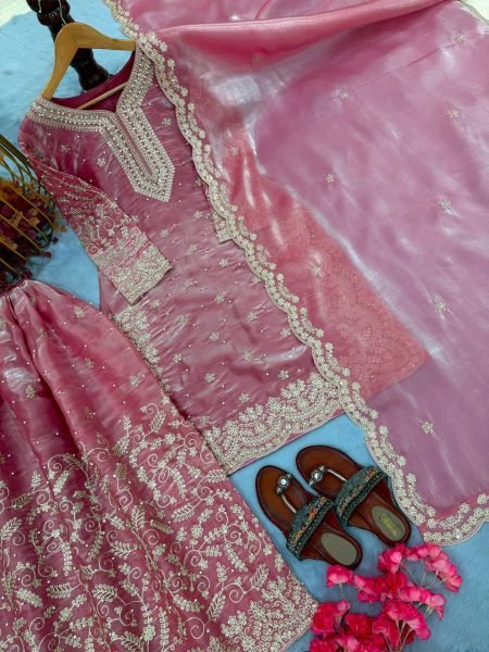Fascinating Baby Pink Rimmy Choo Embroidery Coding and Dori Work Top Plazzo and Dupatta Set for Exporters Ready To Wear Collection