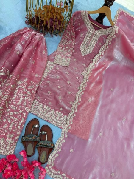 Fascinating Baby Pink Rimmy Choo Embroidery Coding and Dori Work Top Plazzo and Dupatta Set for Exporters Ready To Wear Collection