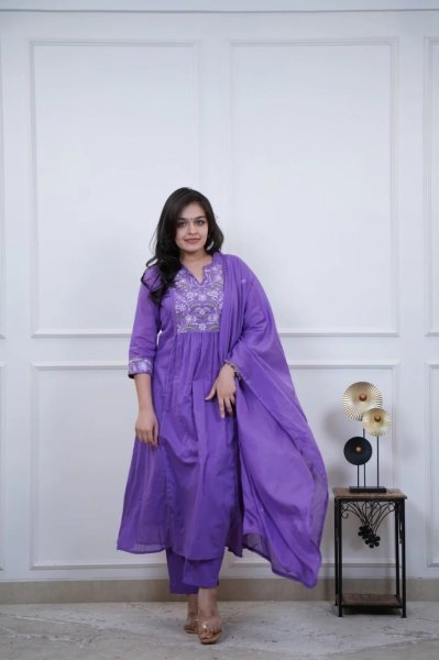 Fascinating Lavender Embroidered Cotton Kurti with Solid Bottom and Dupatta at Wholesale Rate Anarkali Kurtis 