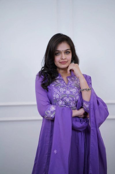 Fascinating Lavender Embroidered Cotton Kurti with Solid Bottom and Dupatta at Wholesale Rate Anarkali Kurtis 