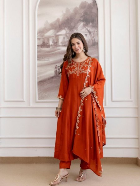 Fascinating Orange Premium Vichitra Silk Embroidered Anarkali Sharara Set with Dupatta Anarkali Kurtis 