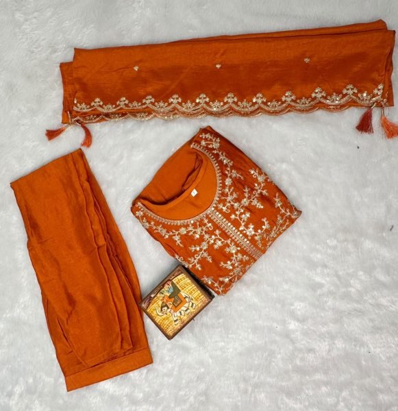 Fascinating Orange Premium Vichitra Silk Embroidered Anarkali Sharara Set with Dupatta Embroidery Kurtis 