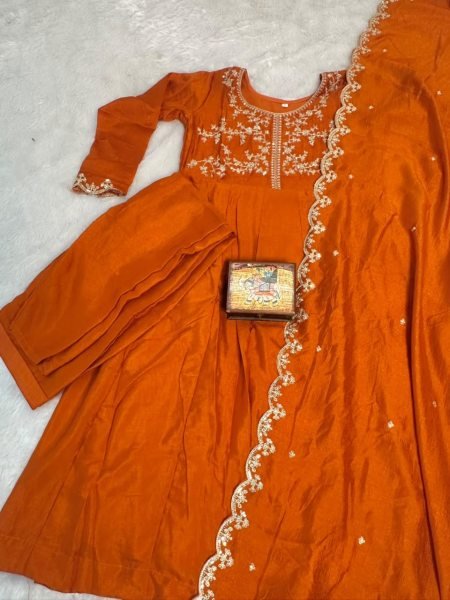 Fascinating Orange Premium Vichitra Silk Embroidered Anarkali Sharara Set with Dupatta Embroidery Kurtis 