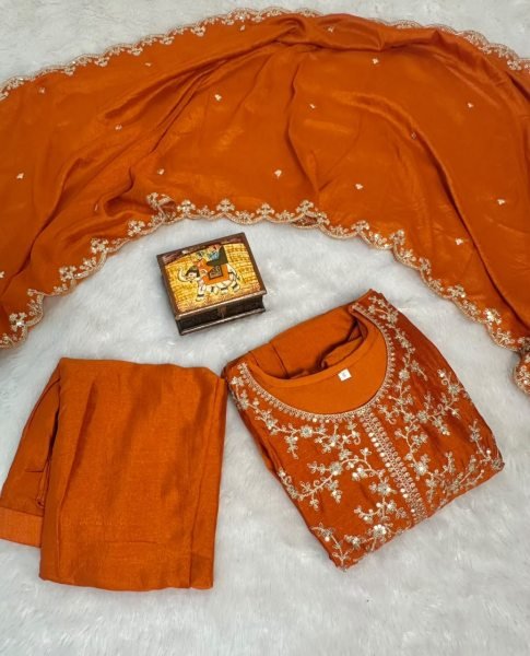 Fascinating Orange Premium Vichitra Silk Embroidered Anarkali Sharara Set with Dupatta Embroidery Kurtis 