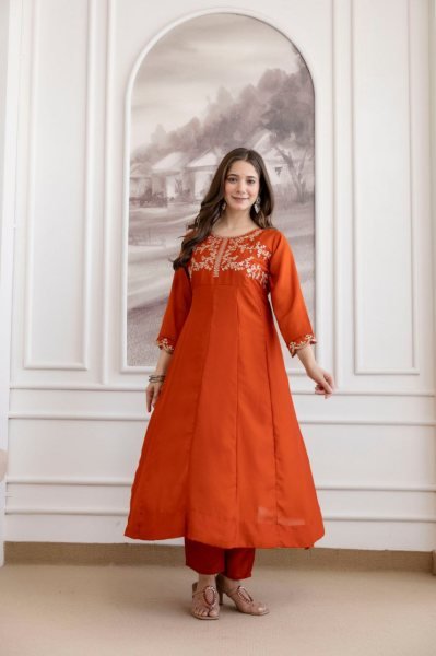 Fascinating Orange Premium Vichitra Silk Embroidered Anarkali Sharara Set with Dupatta Embroidery Kurtis 